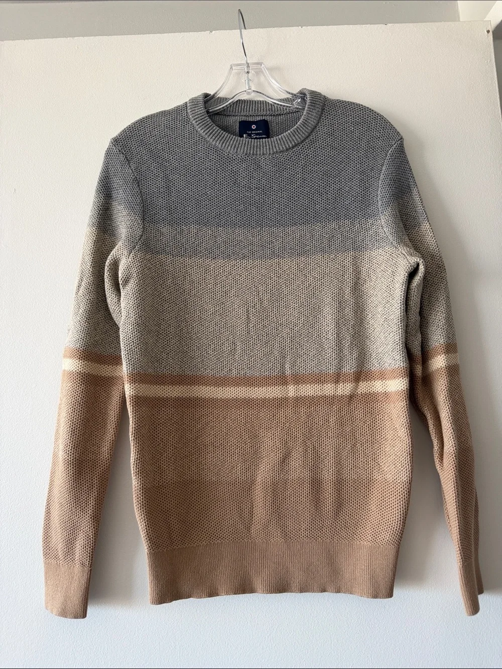 Ben Sherman Men's Colorblock Knit Crewneck Sweater Gray Tan Striped Small